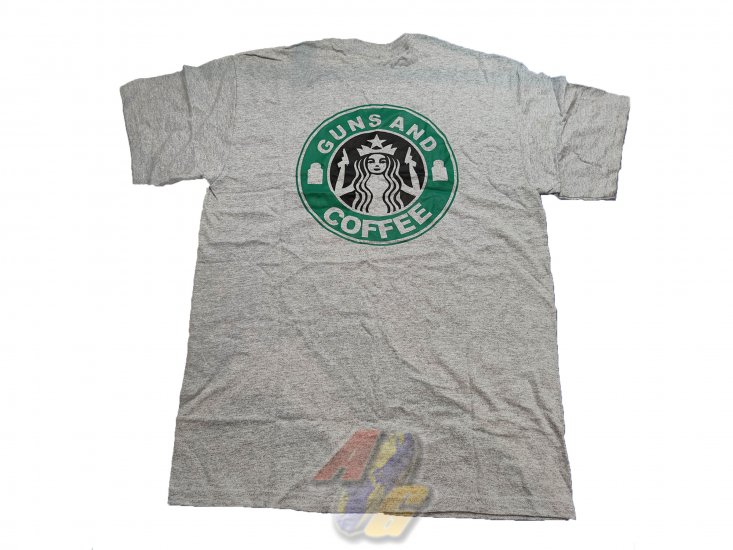 Gildan T-Shirt ( Grey, Guns & Coffee, L ) - Click Image to Close